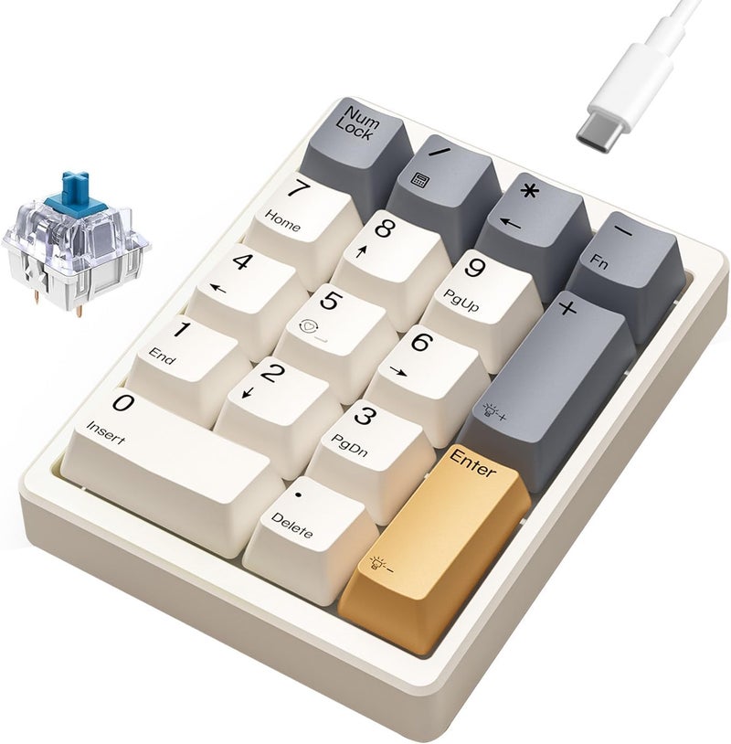 Kisnt Mechanical Number Pad,Hot Swappable Numpad Wired USB 17 Keys Keypad White Backlit Numeric Keypad with PBT Keycaps for Laptop PC Compact Keyboards(Retro Beige, Blue Switch) - Image 1